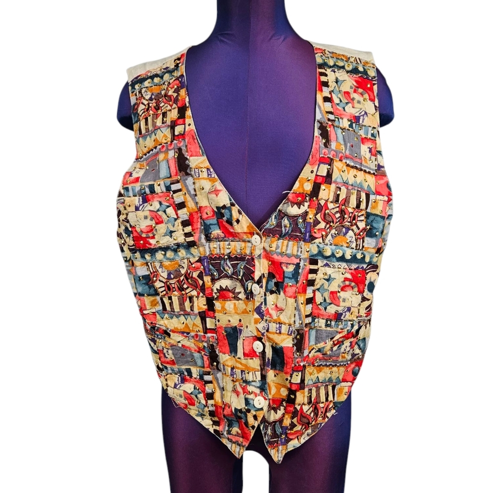Vintage 80s AJ Celestial Patchwork Colorful Sequin Vest Size Medium Women's B113 - Picture 9 of 9